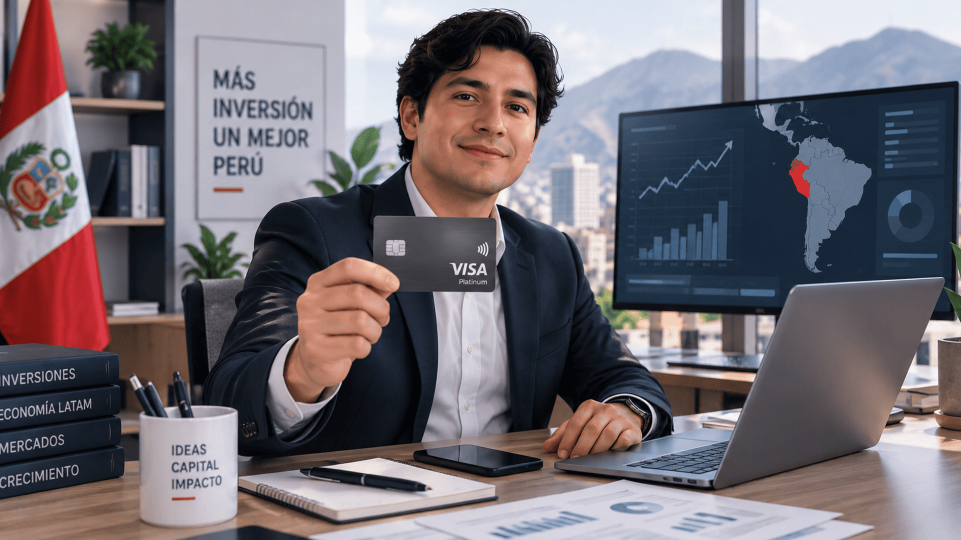 Profesional peruano con tarjeta Visa Platinum frente a gráficos de inversión y mapa de Perú.
