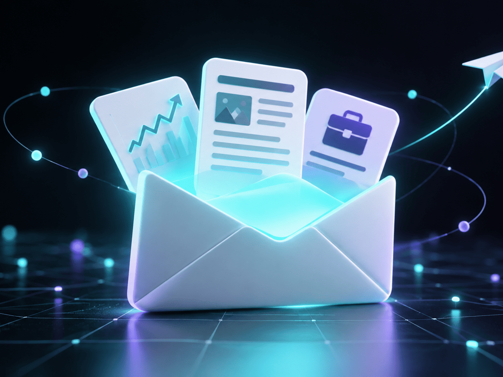 Sobre digital con tarjetas de noticias, estadísticas y empleo conectadas mediante una red digital.
