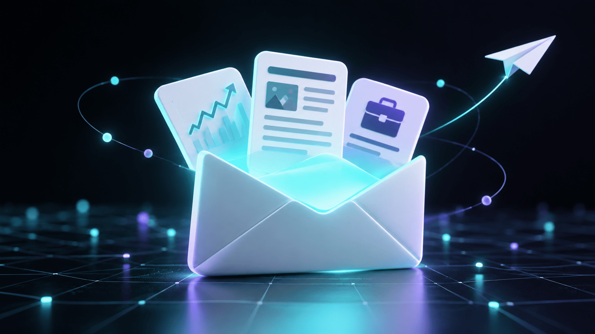 Sobre digital con tarjetas de noticias, estadísticas y empleo conectadas mediante una red digital.