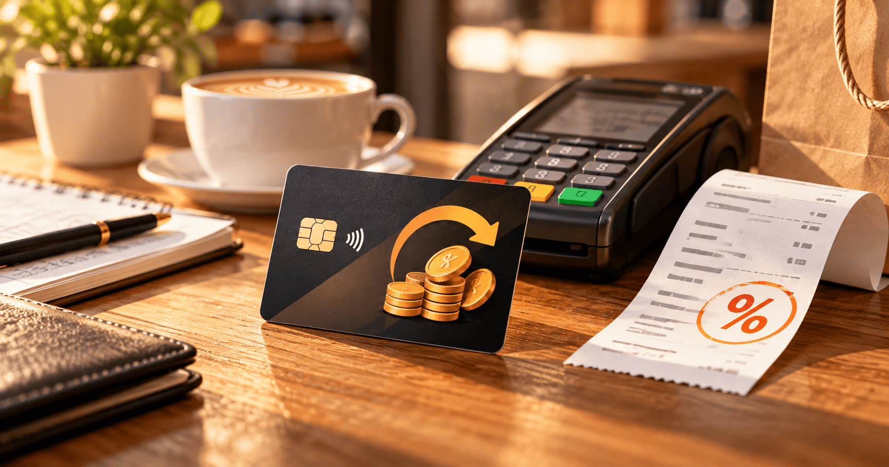 Tarjeta con cashback junto a terminal de pago y recibo con porcentaje de descuento.
