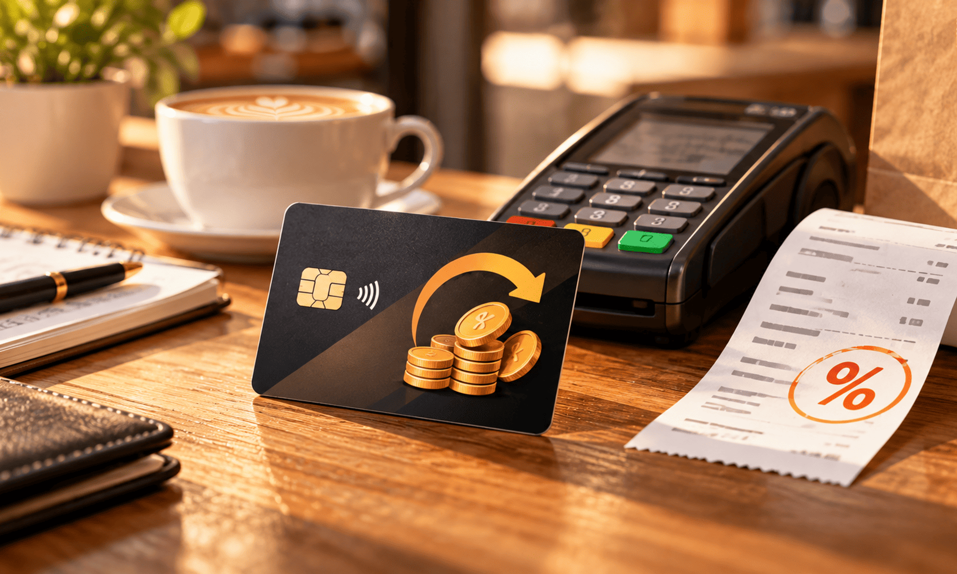 Tarjeta con cashback junto a terminal de pago y recibo con porcentaje de descuento.