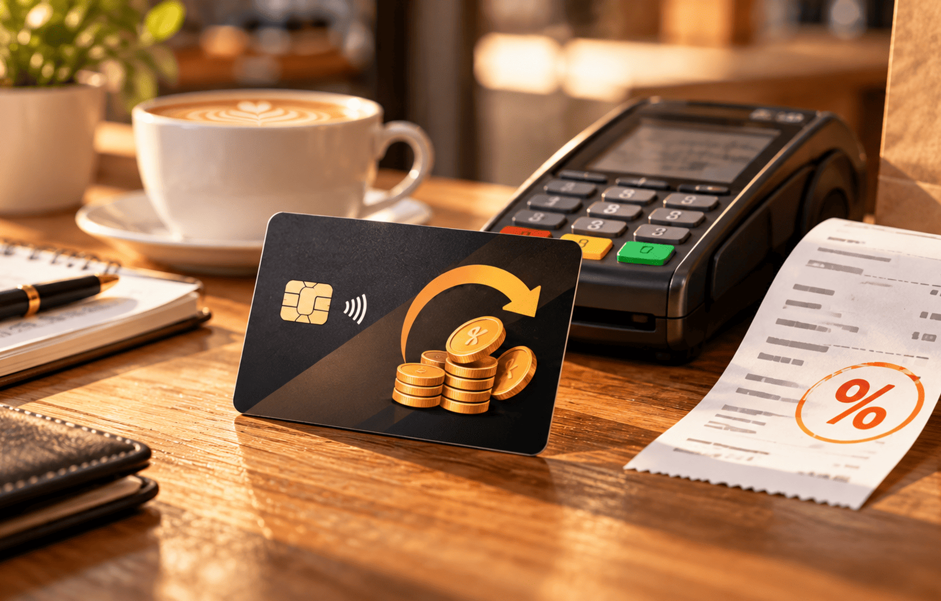 Tarjeta con cashback junto a terminal de pago y recibo con porcentaje de descuento.