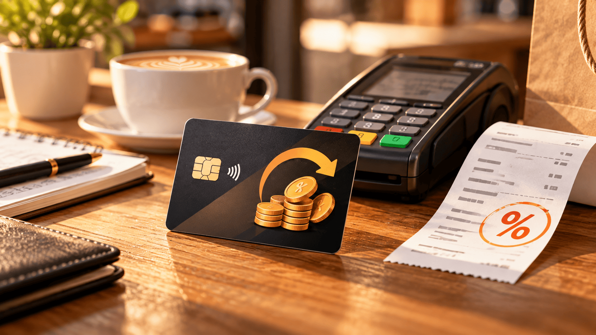 Tarjeta con cashback junto a terminal de pago y recibo con porcentaje de descuento.