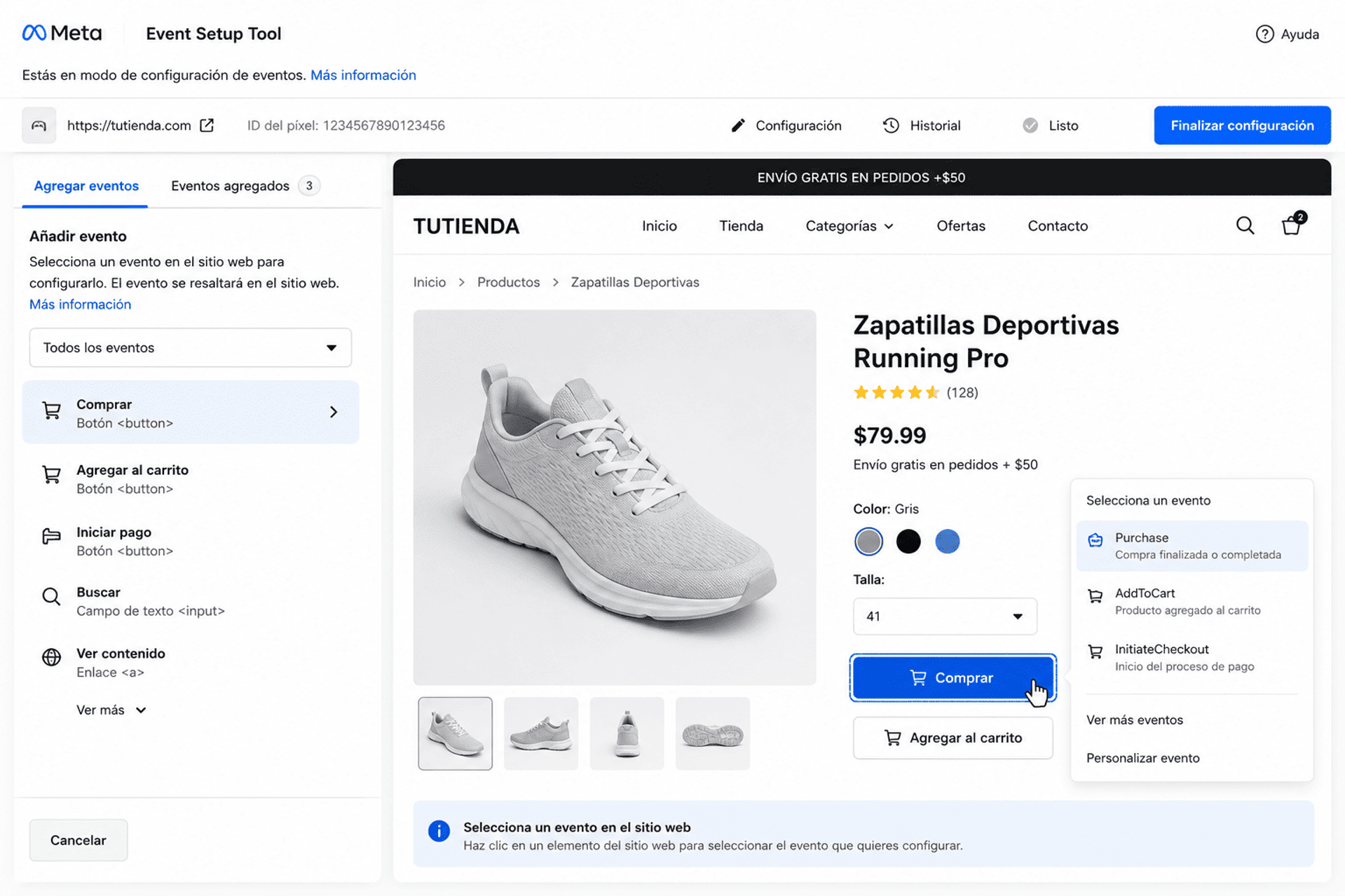 Configuración de eventos del Facebook Pixel mediante Event Setup Tool sin código.