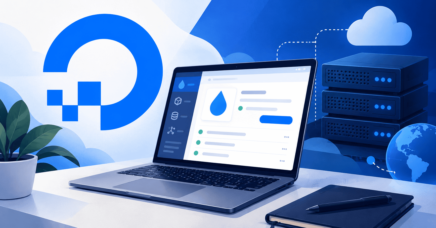 Instalación de DigitalOcean con servidor en la nube y panel de gestión desde un portátil.