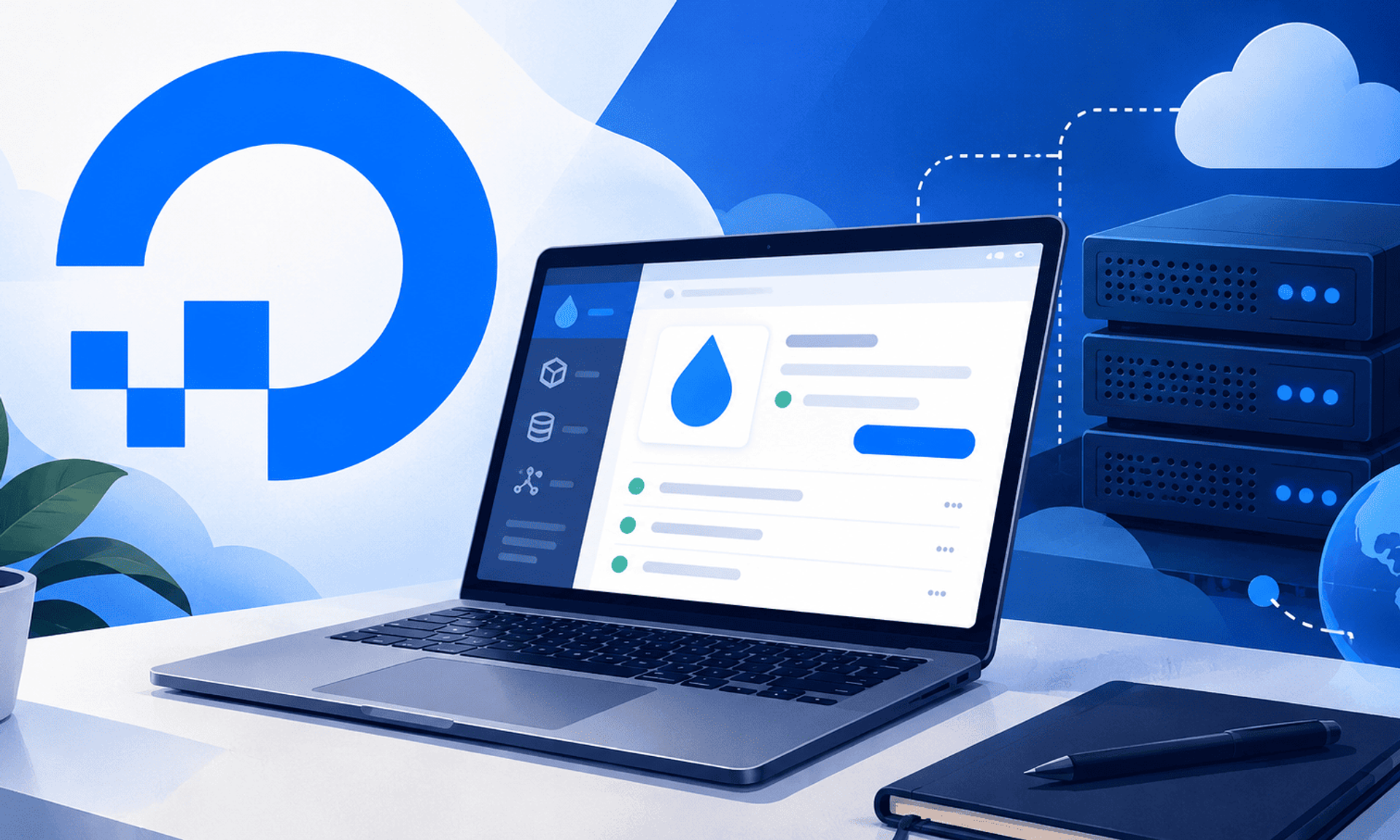 Instalación de DigitalOcean con servidor en la nube y panel de gestión desde un portátil.