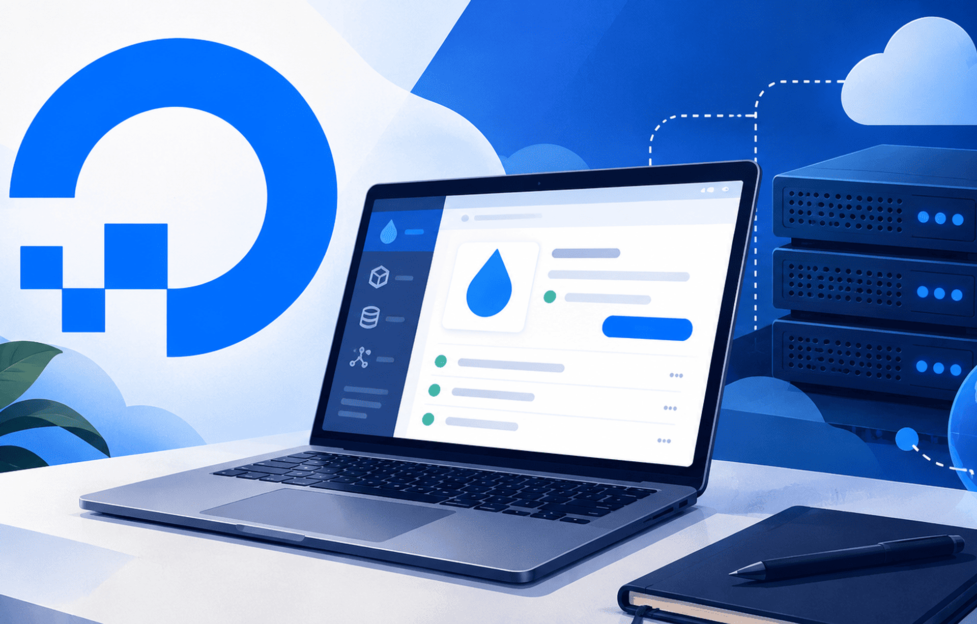 Instalación de DigitalOcean con servidor en la nube y panel de gestión desde un portátil.