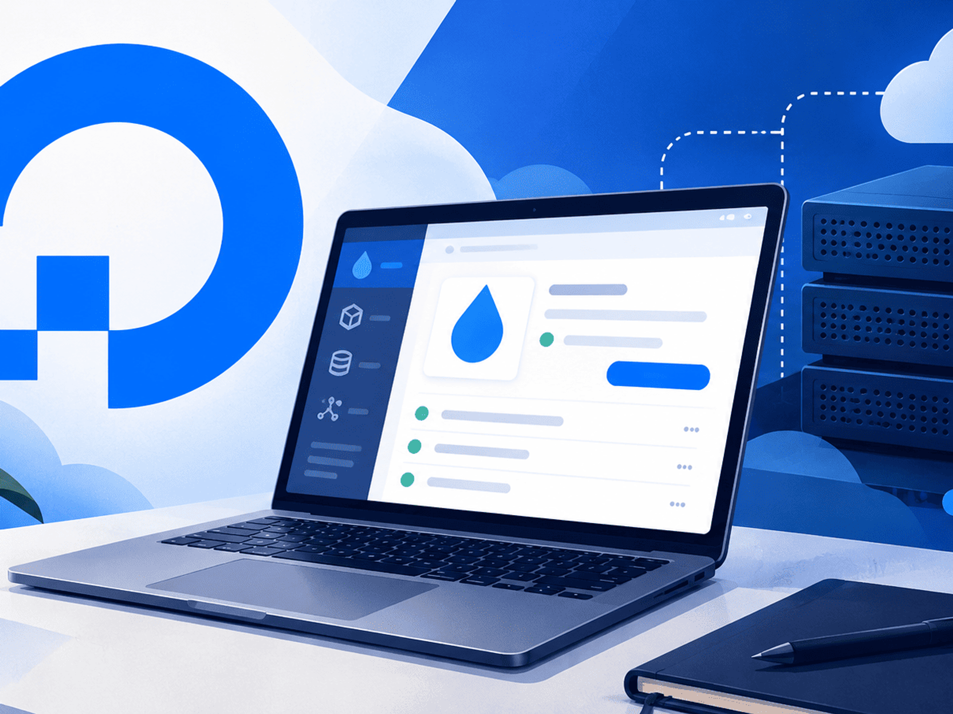 Instalación de DigitalOcean con servidor en la nube y panel de gestión desde un portátil.