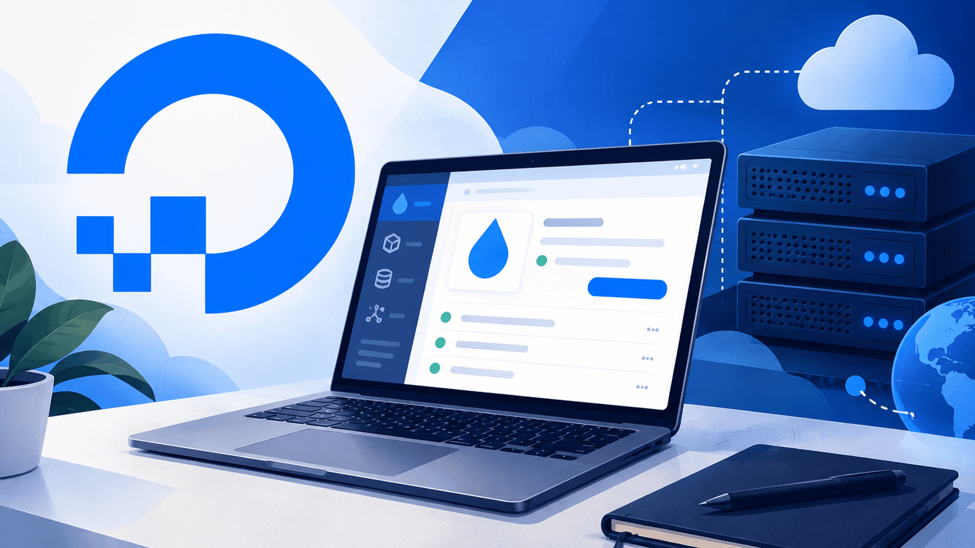 Instalación de DigitalOcean con servidor en la nube y panel de gestión desde un portátil.