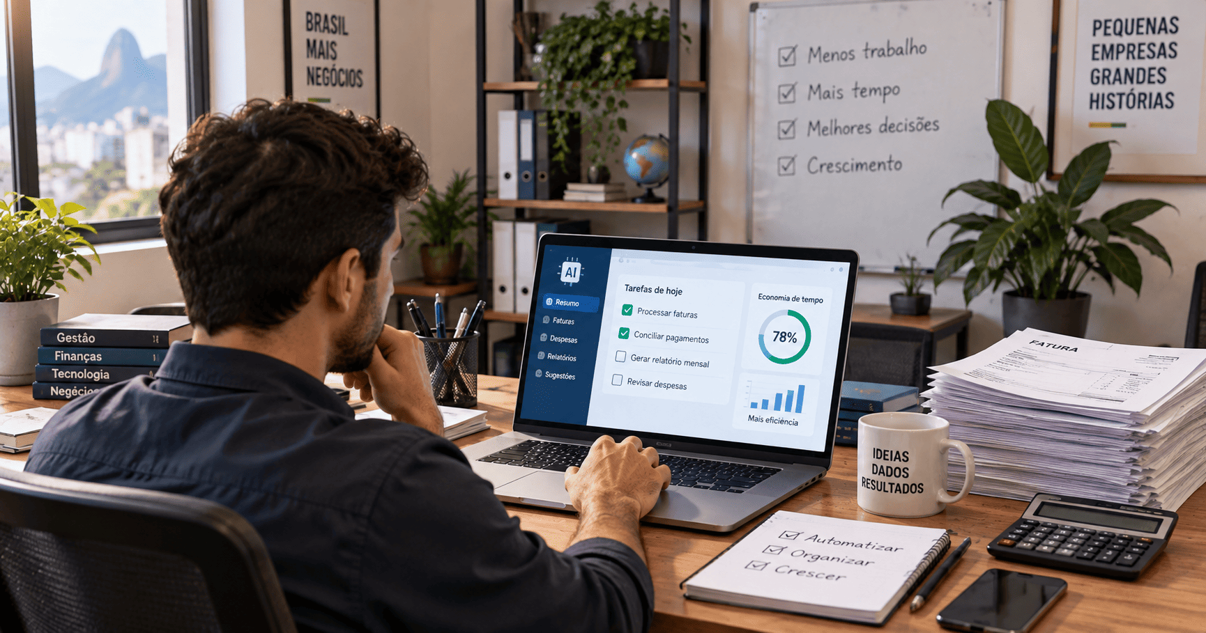 Profesional brasileño utiliza IA para automatizar la gestión financiera de una pequeña empresa.