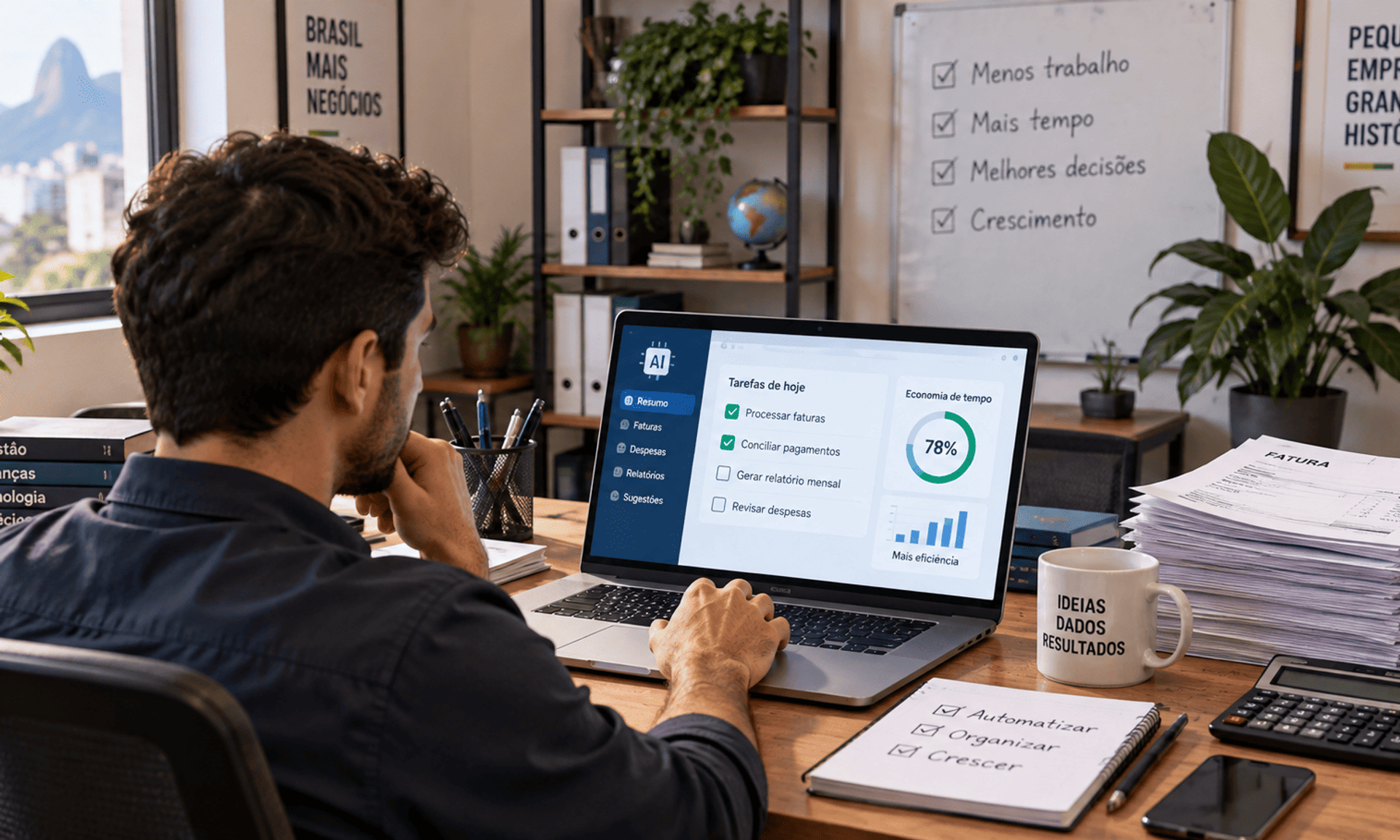 Profesional brasileño utiliza IA para automatizar la gestión financiera de una pequeña empresa.
