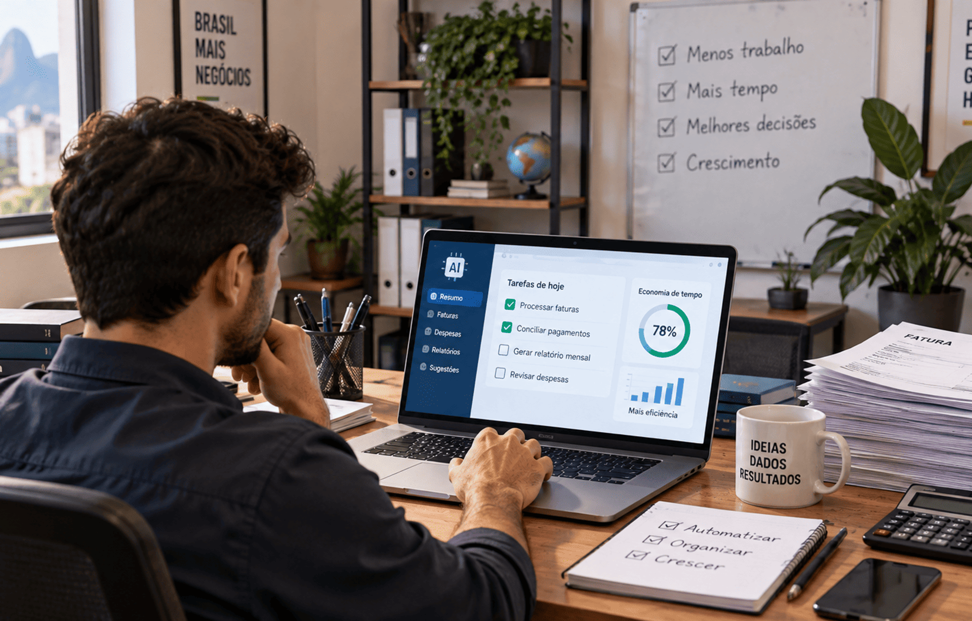 Profesional brasileño utiliza IA para automatizar la gestión financiera de una pequeña empresa.
