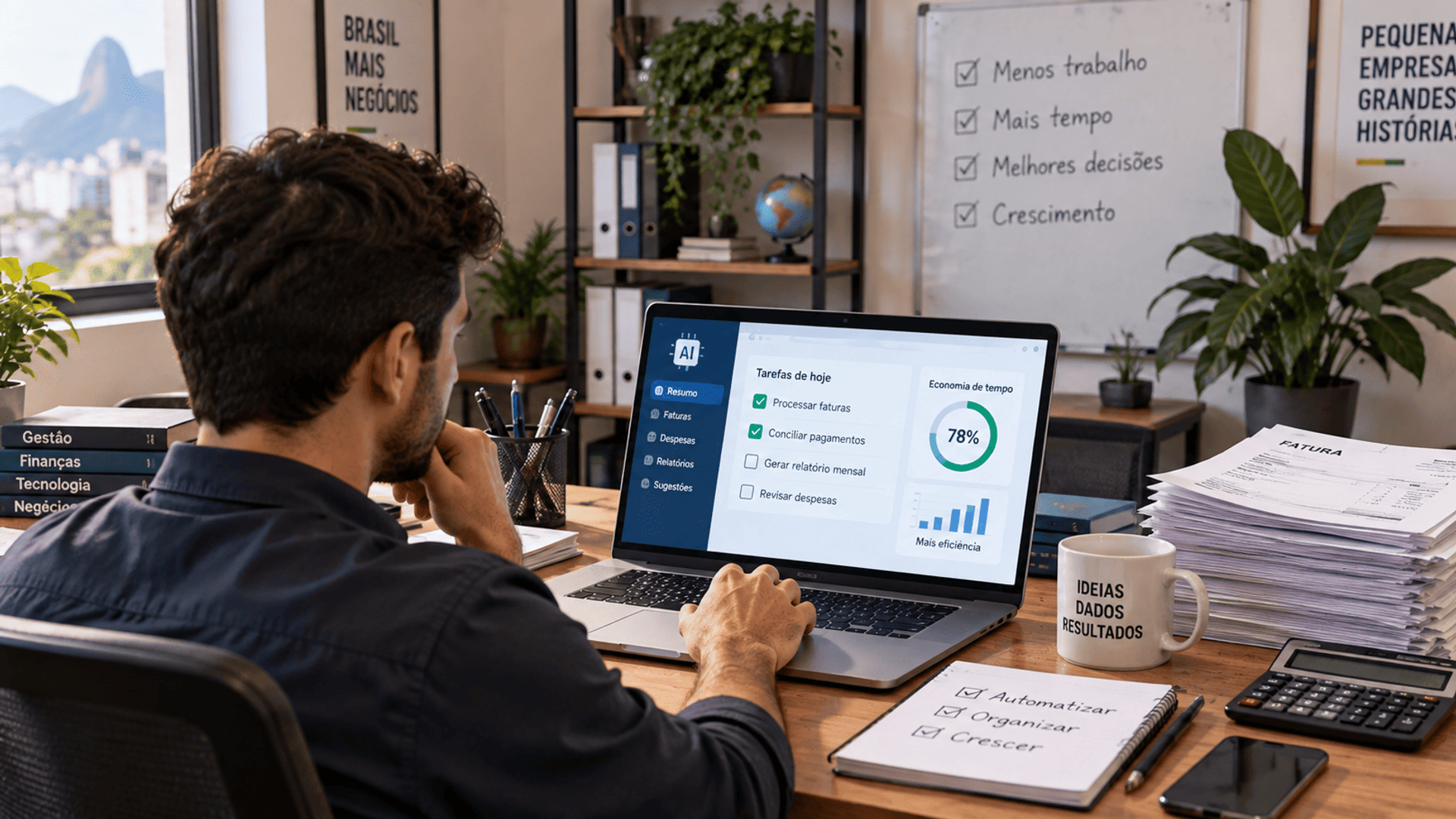 Profesional brasileño utiliza IA para automatizar la gestión financiera de una pequeña empresa.