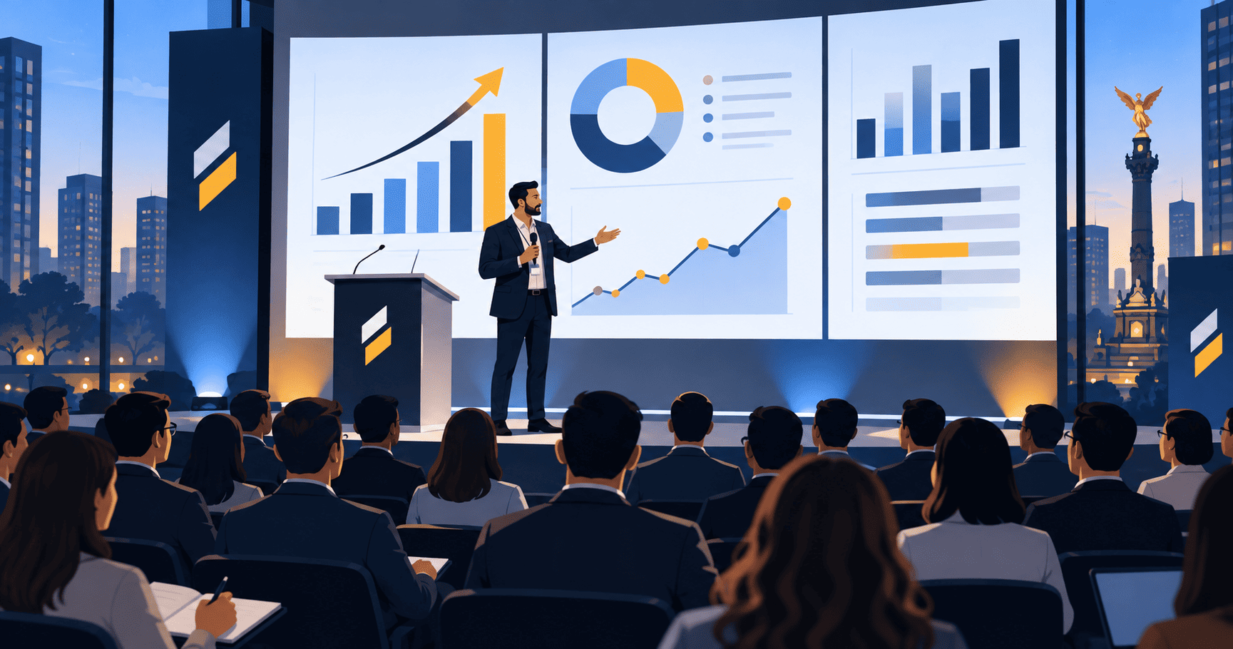 Presentación fintech en Ciudad de México con gráficos de crecimiento ante una audiencia profesional.