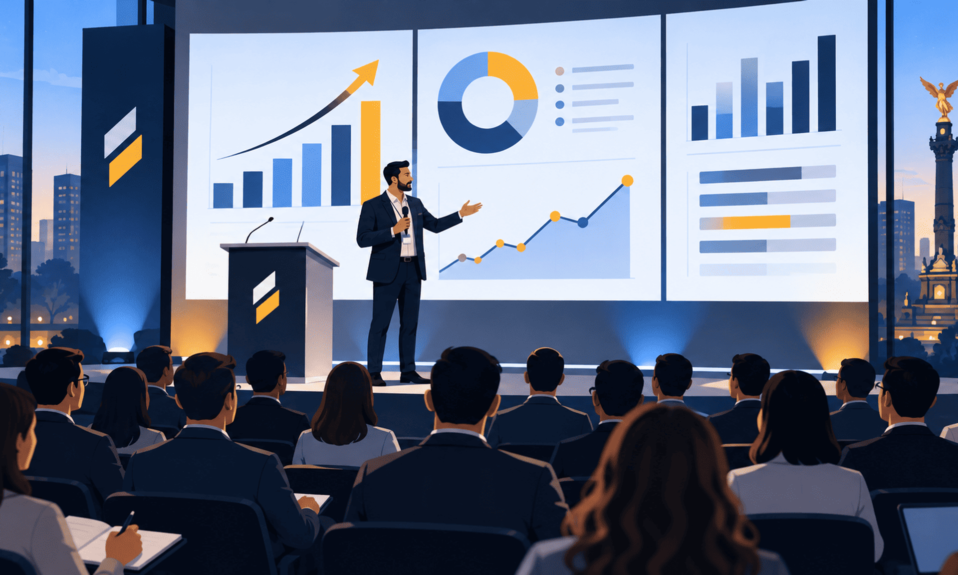 Presentación fintech en Ciudad de México con gráficos de crecimiento ante una audiencia profesional.