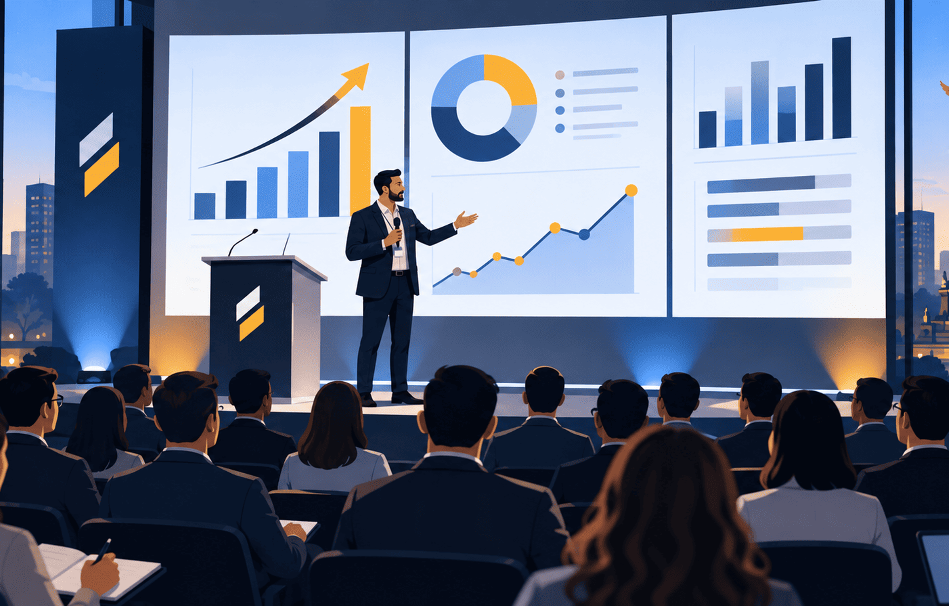 Presentación fintech en Ciudad de México con gráficos de crecimiento ante una audiencia profesional.