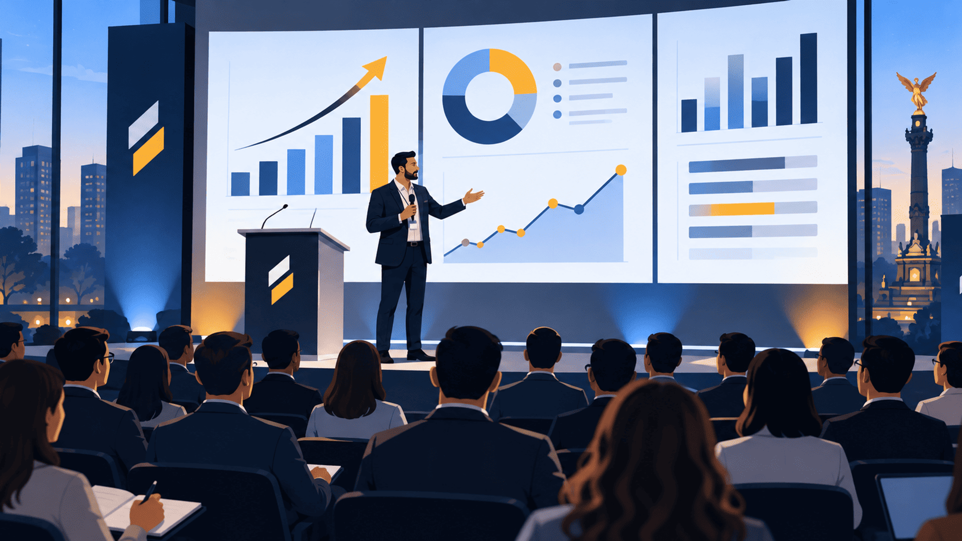 Presentación fintech en Ciudad de México con gráficos de crecimiento ante una audiencia profesional.