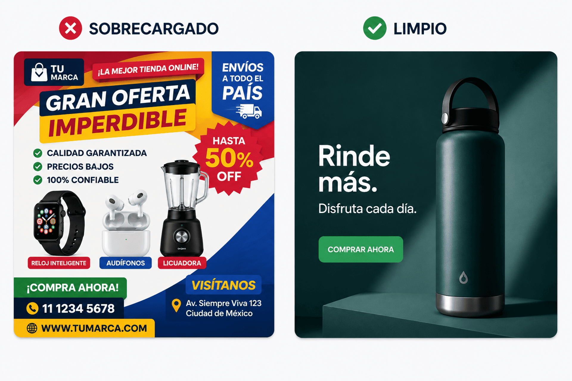 Comparación de creativo publicitario sobrecargado y limpio en Facebook Ads.