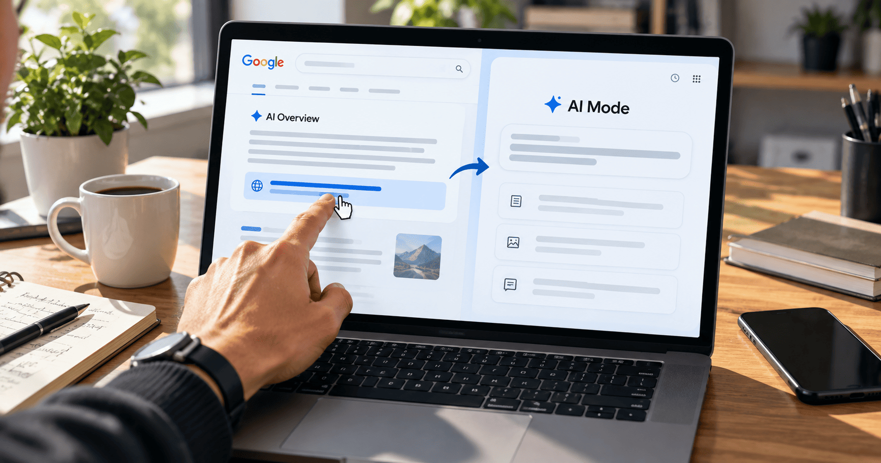 Transición de AI Overview a AI Mode desde un resultado destacado en Google.