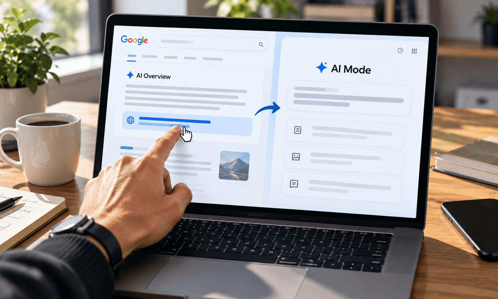 Transición de AI Overview a AI Mode desde un resultado destacado en Google.