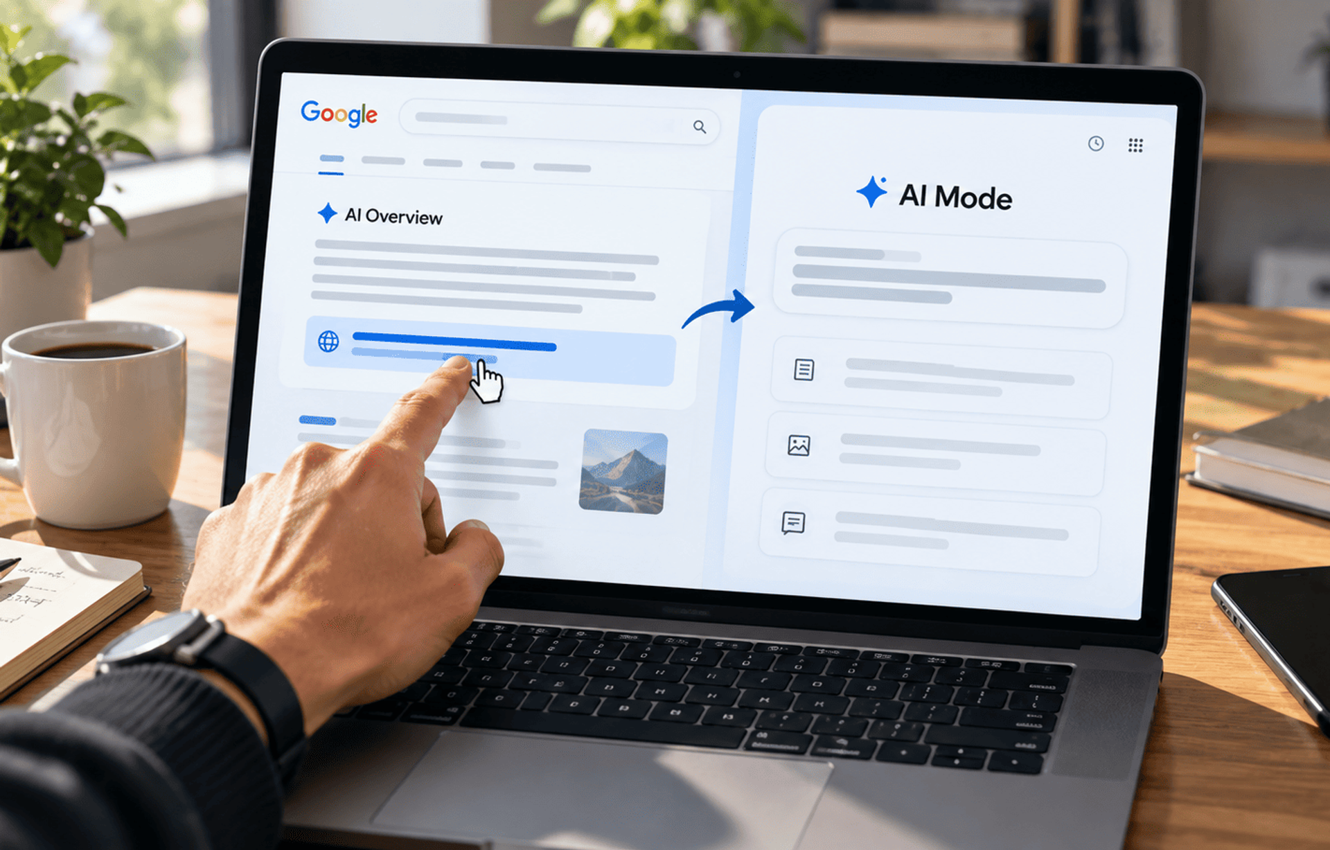 Transición de AI Overview a AI Mode desde un resultado destacado en Google.