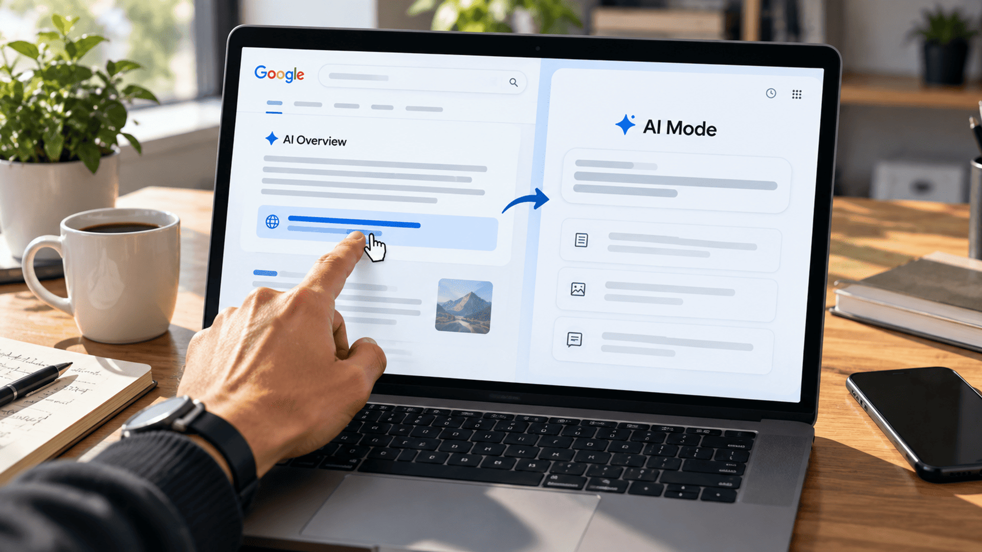 Transición de AI Overview a AI Mode desde un resultado destacado en Google.