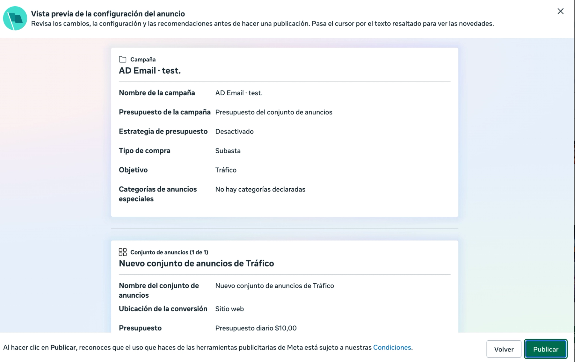 Meta, «Vista previa de la configuración del anuncio»: campaña AD Email · test con compra por subasta y objetivo Tráfico, y el conjunto de anuncios con presupuesto diario de 10 USD.
