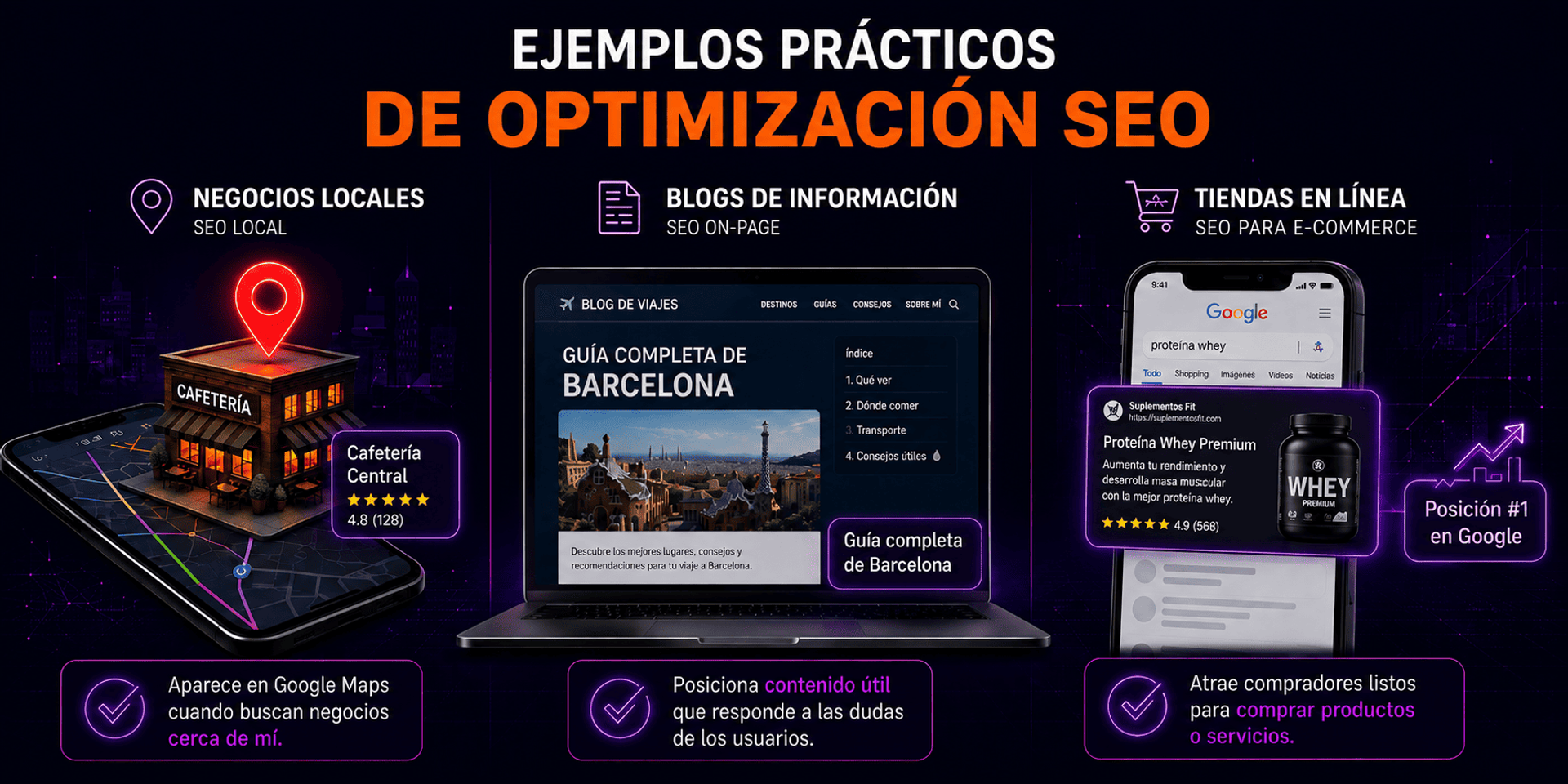 Ejemplos prácticos de optimización SEO para negocios locales, blogs de información y tiendas en línea.