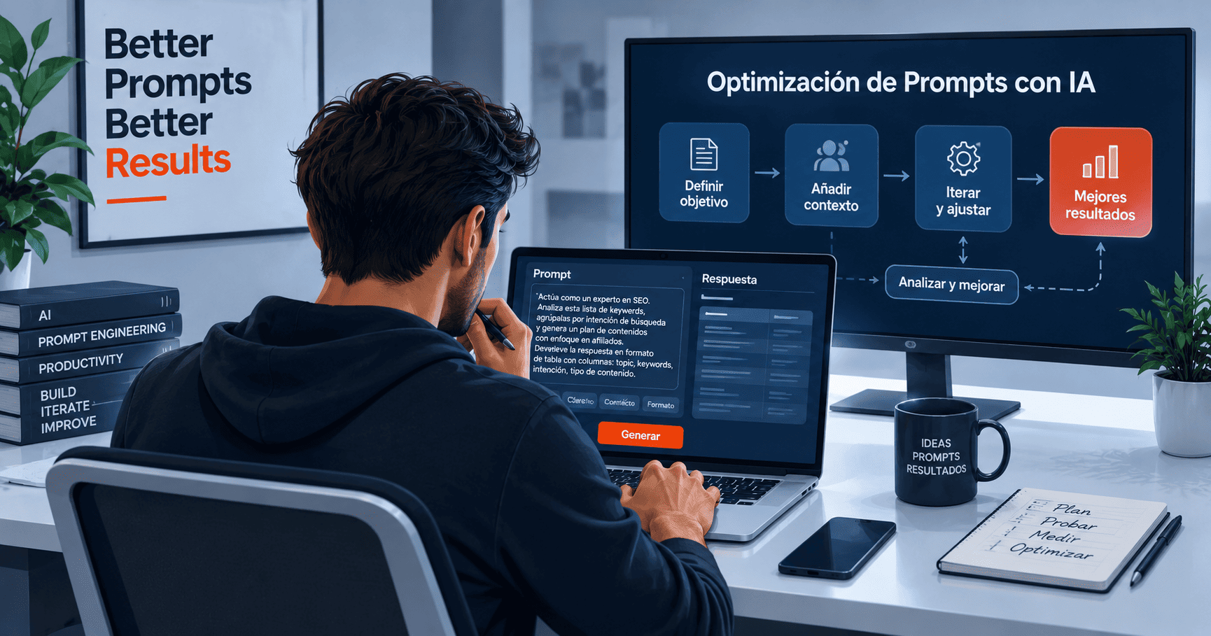 Desarrollador optimizando prompts con IA mediante un flujo de trabajo avanzado en múltiples pantallas.