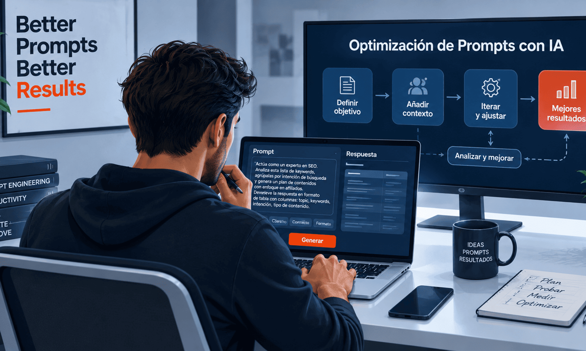 Desarrollador optimizando prompts con IA mediante un flujo de trabajo avanzado en múltiples pantallas.