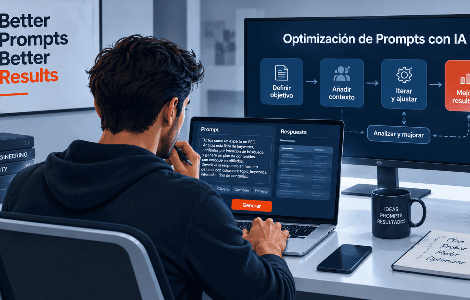 Desarrollador optimizando prompts con IA mediante un flujo de trabajo avanzado en múltiples pantallas.