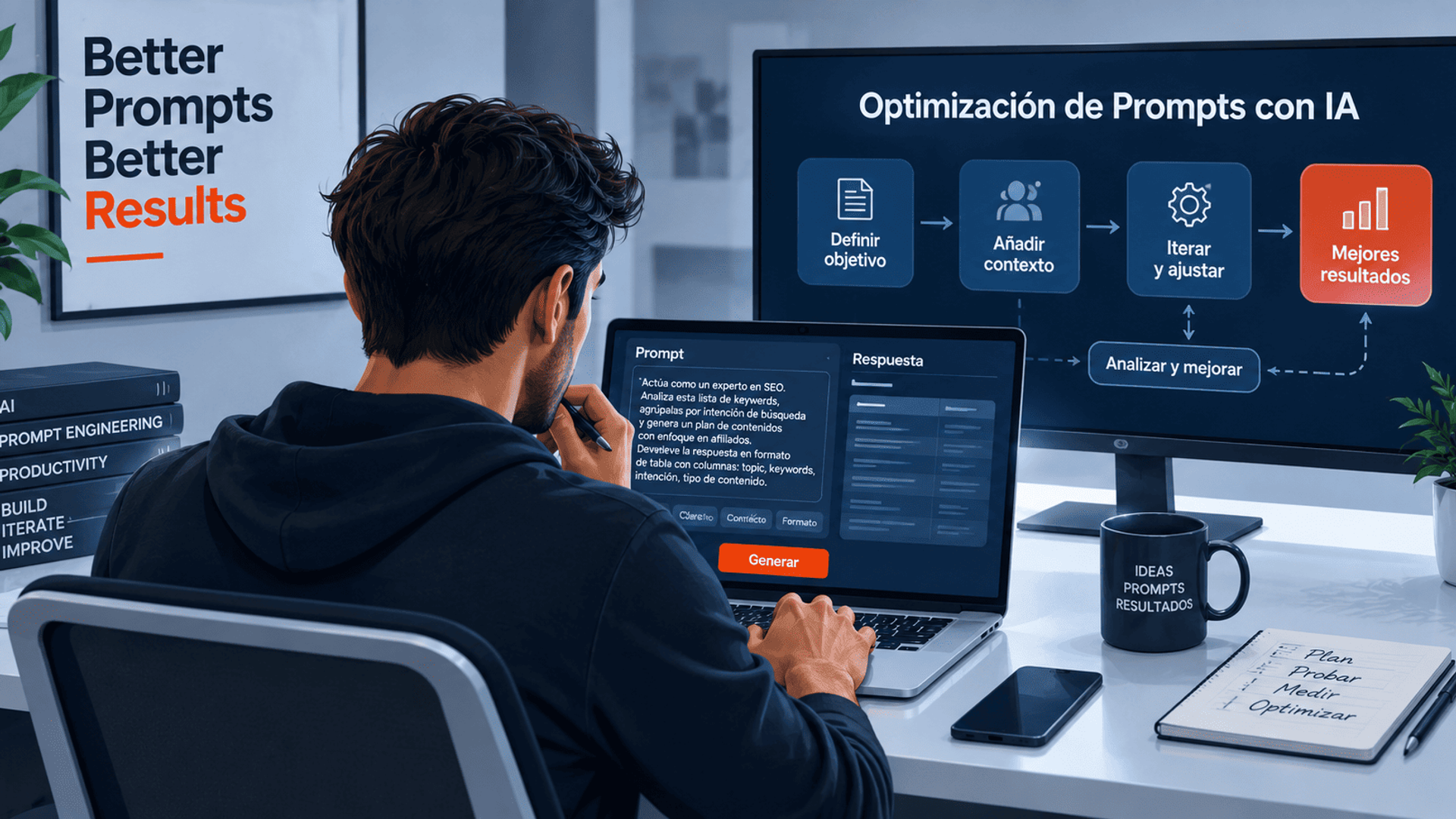 Desarrollador optimizando prompts con IA mediante un flujo de trabajo avanzado en múltiples pantallas.