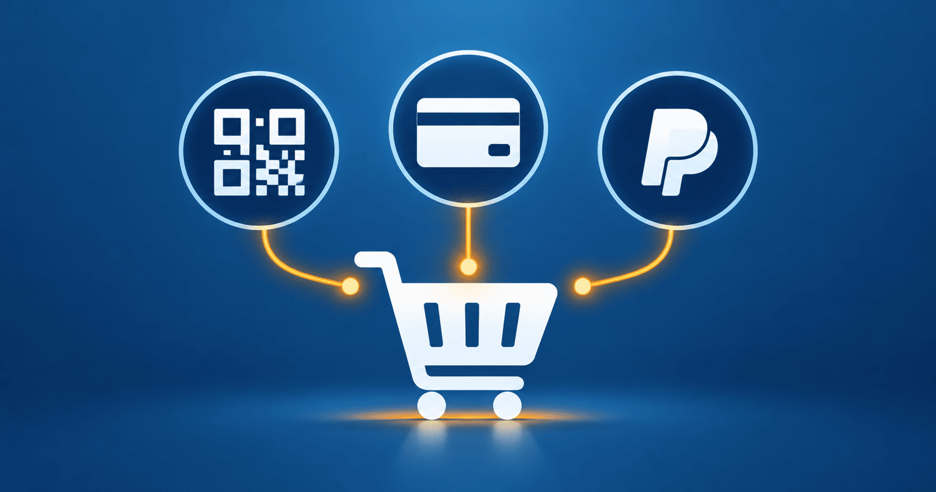 Métodos de pago con QR, tarjeta y pago digital conectados a un carrito de compras online.
