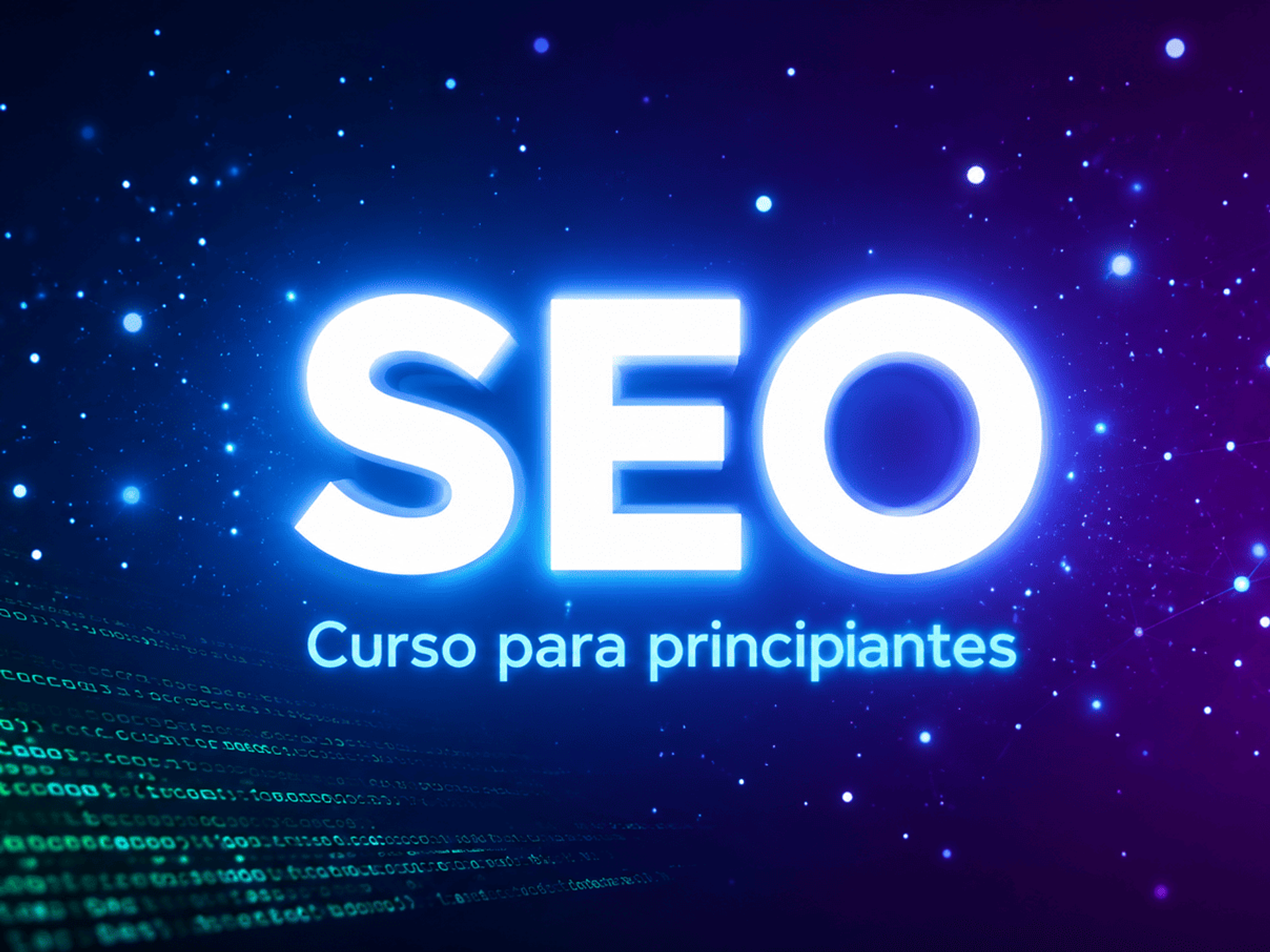 Ilustracion futurista con texto SEO brillante sobre fondo degradado azul violeta para curso de SEO