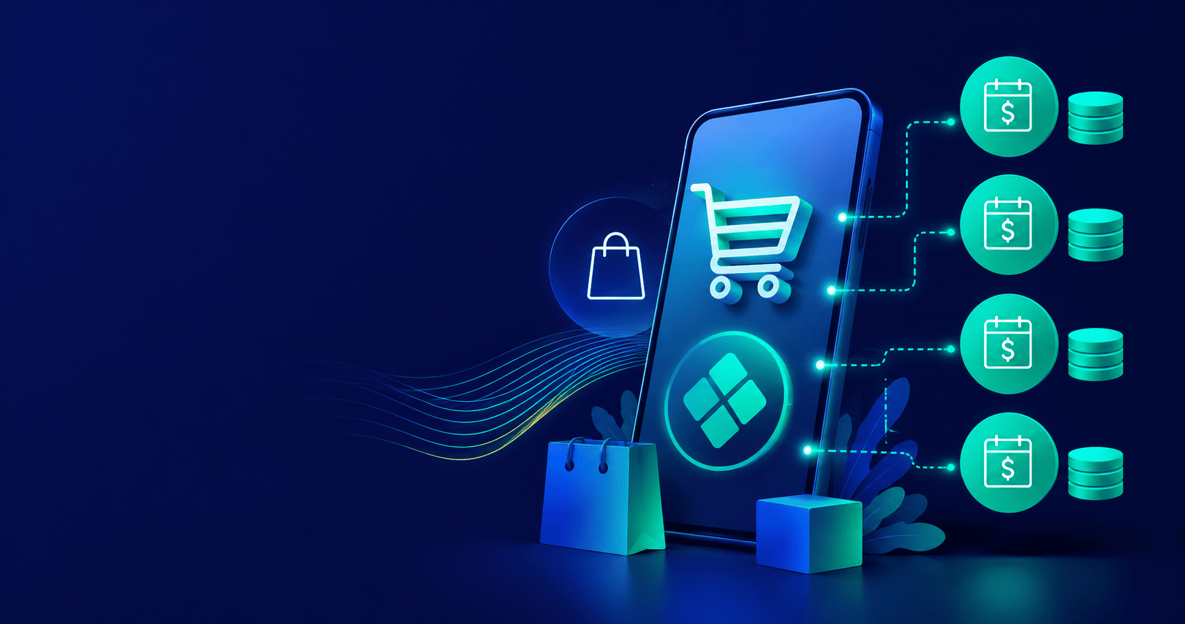 Ilustración de comercio electrónico con pagos en cuotas mediante smartphone, carrito de compras, calendario y flujo digital de transacciones.