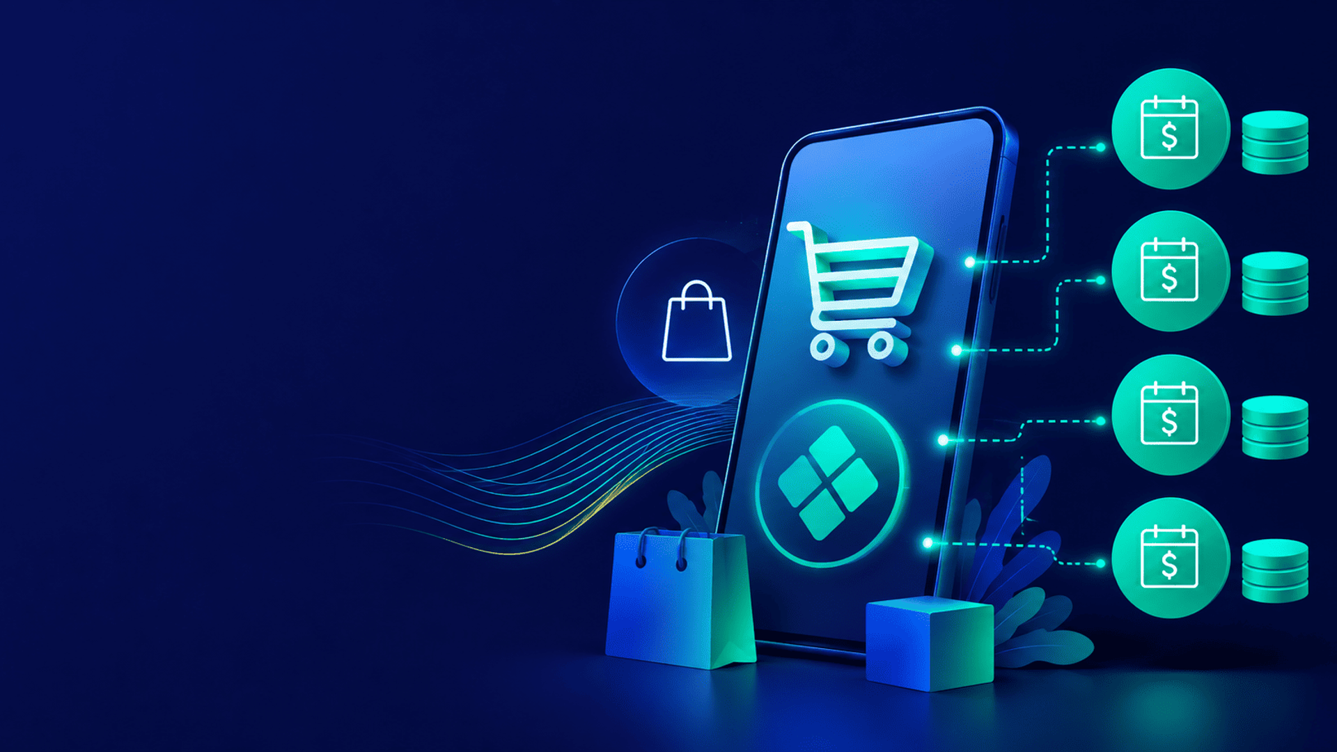 Ilustración de comercio electrónico con pagos en cuotas mediante smartphone, carrito de compras, calendario y flujo digital de transacciones.