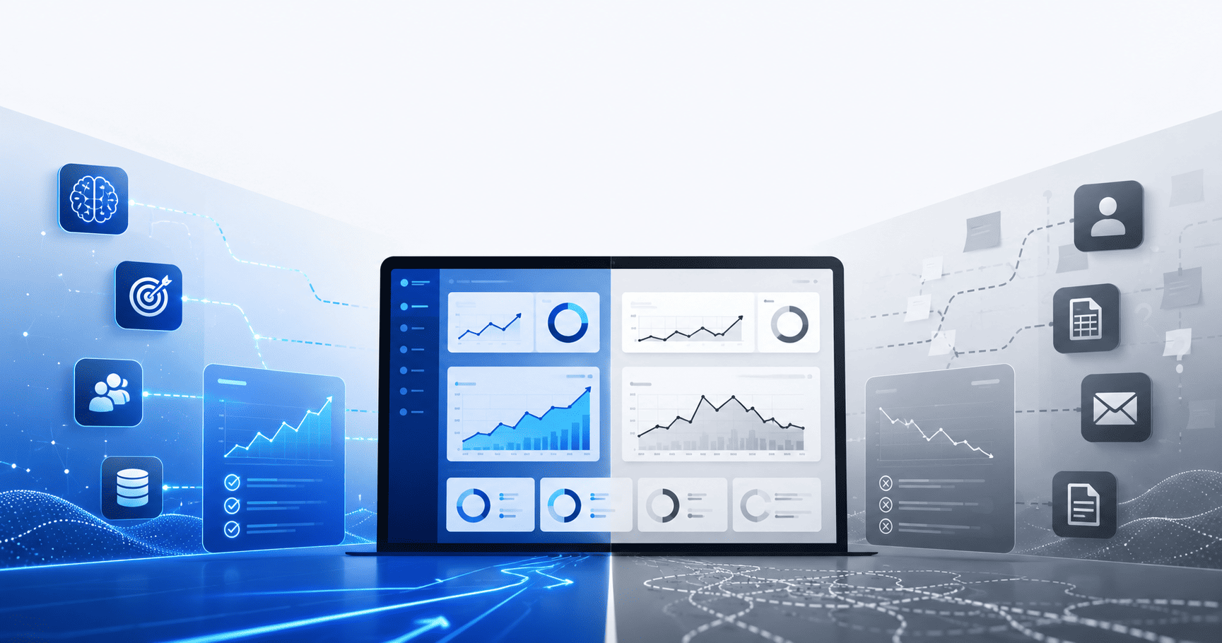 Comparación visual entre un dashboard de tracking con IA y métodos tradicionales mediante gráficos e indicadores abstractos.