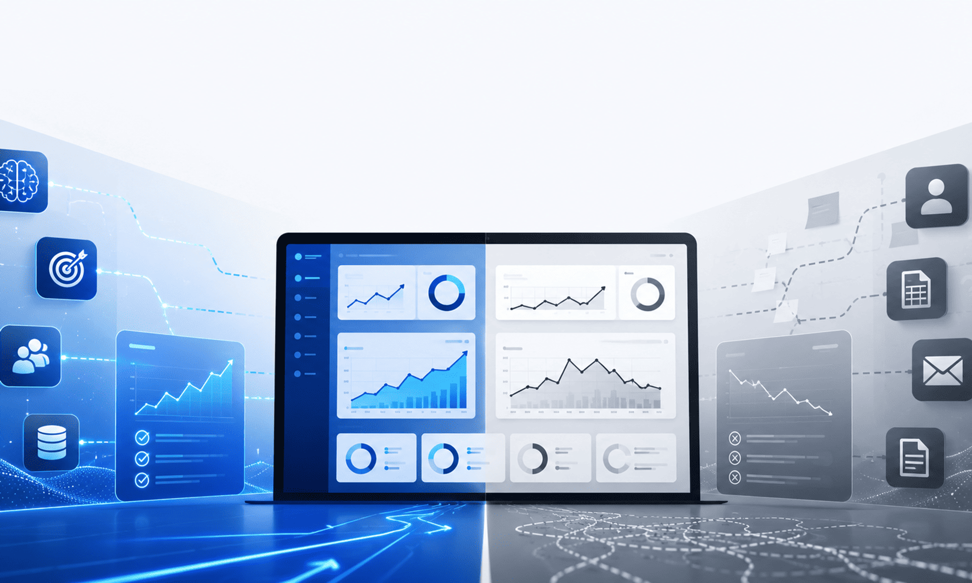 Comparación visual entre un dashboard de tracking con IA y métodos tradicionales mediante gráficos e indicadores abstractos.