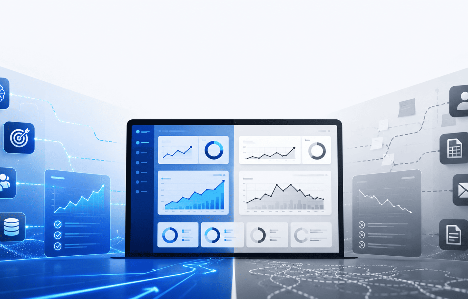 Comparación visual entre un dashboard de tracking con IA y métodos tradicionales mediante gráficos e indicadores abstractos.