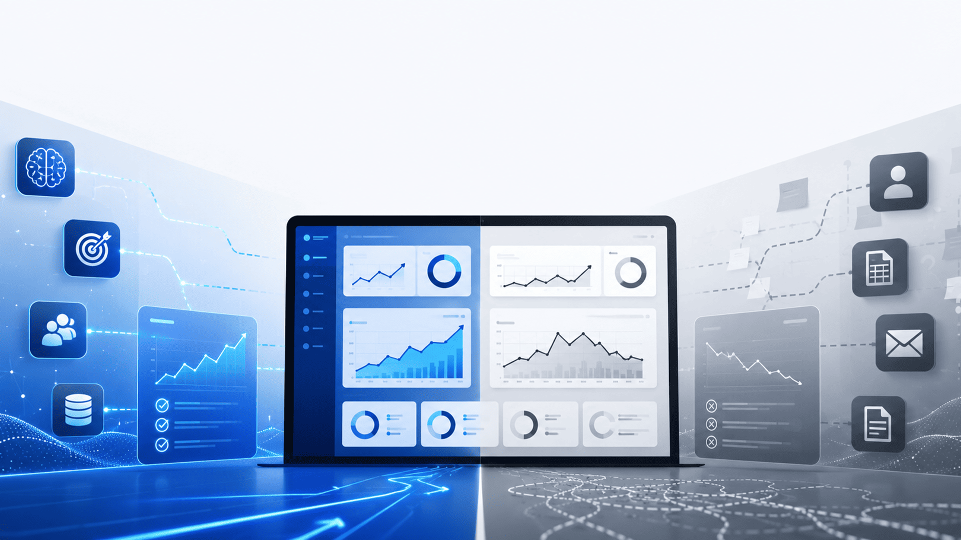 Comparación visual entre un dashboard de tracking con IA y métodos tradicionales mediante gráficos e indicadores abstractos.