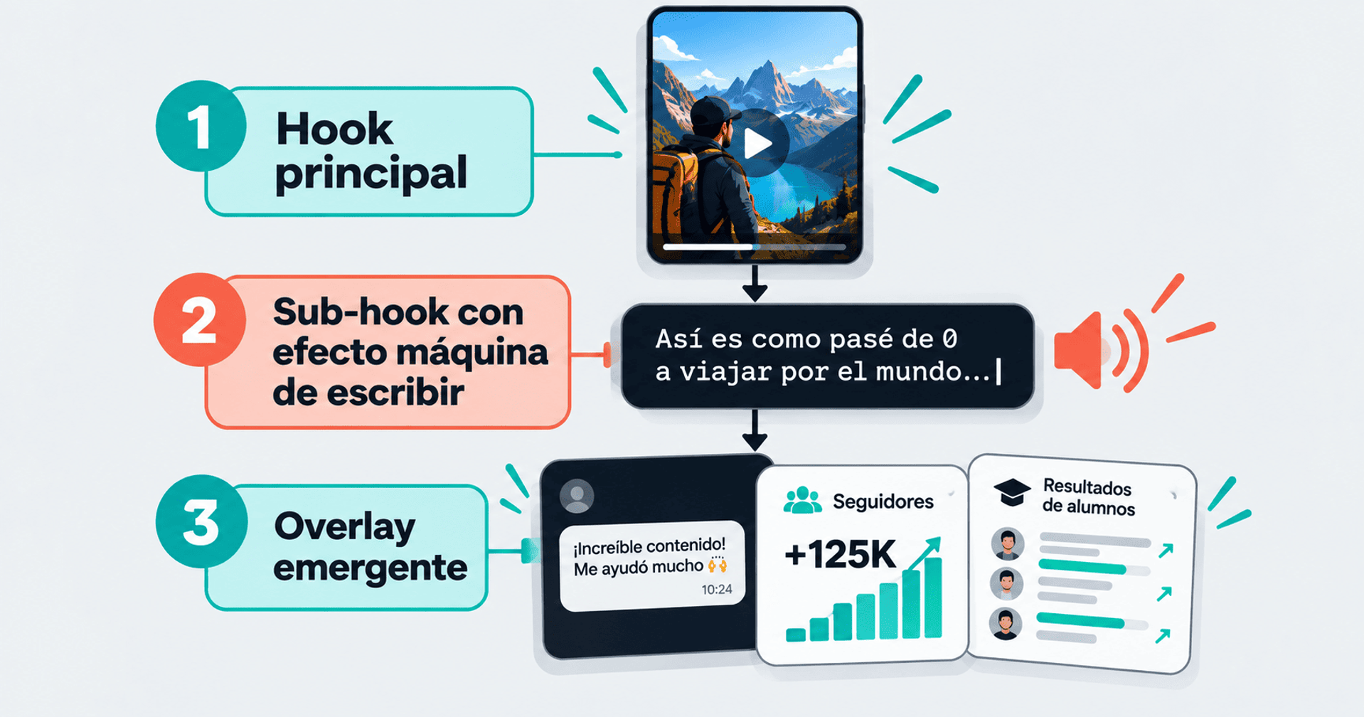 Estructura de contenido en tres capas: hook principal, sub-hook y overlay emergente.