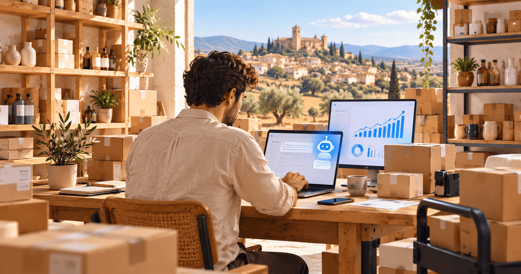 Emprendedor gestiona ventas internacionales con IA desde un almacén rural en España.