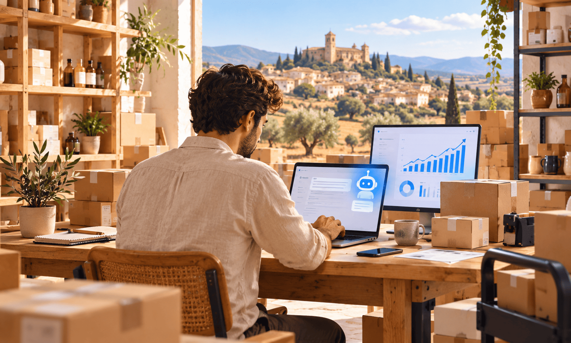 Emprendedor gestiona ventas internacionales con IA desde un almacén rural en España.