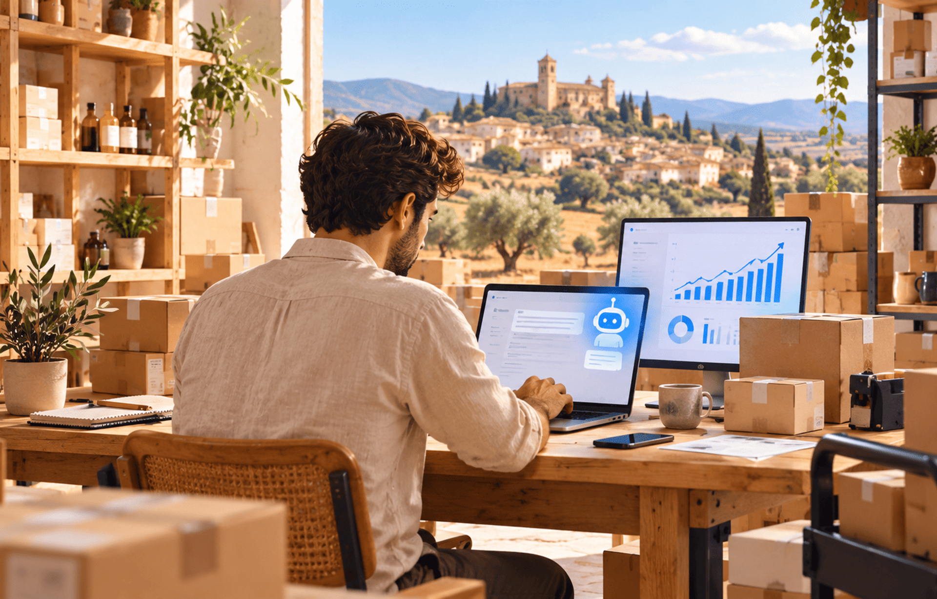 Emprendedor gestiona ventas internacionales con IA desde un almacén rural en España.