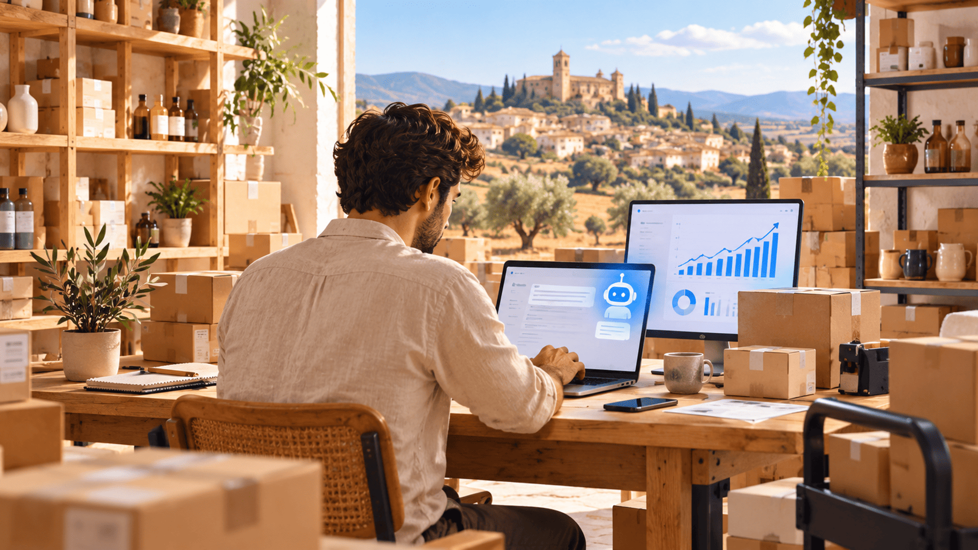 Emprendedor gestiona ventas internacionales con IA desde un almacén rural en España.