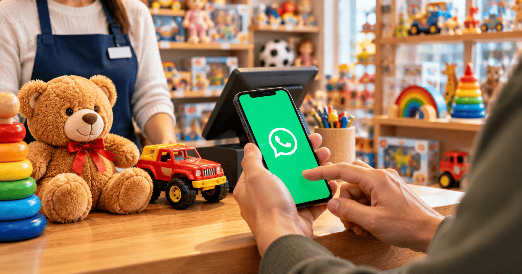 Cliente usa WhatsApp en una juguetería junto a productos infantiles en el mostrador.