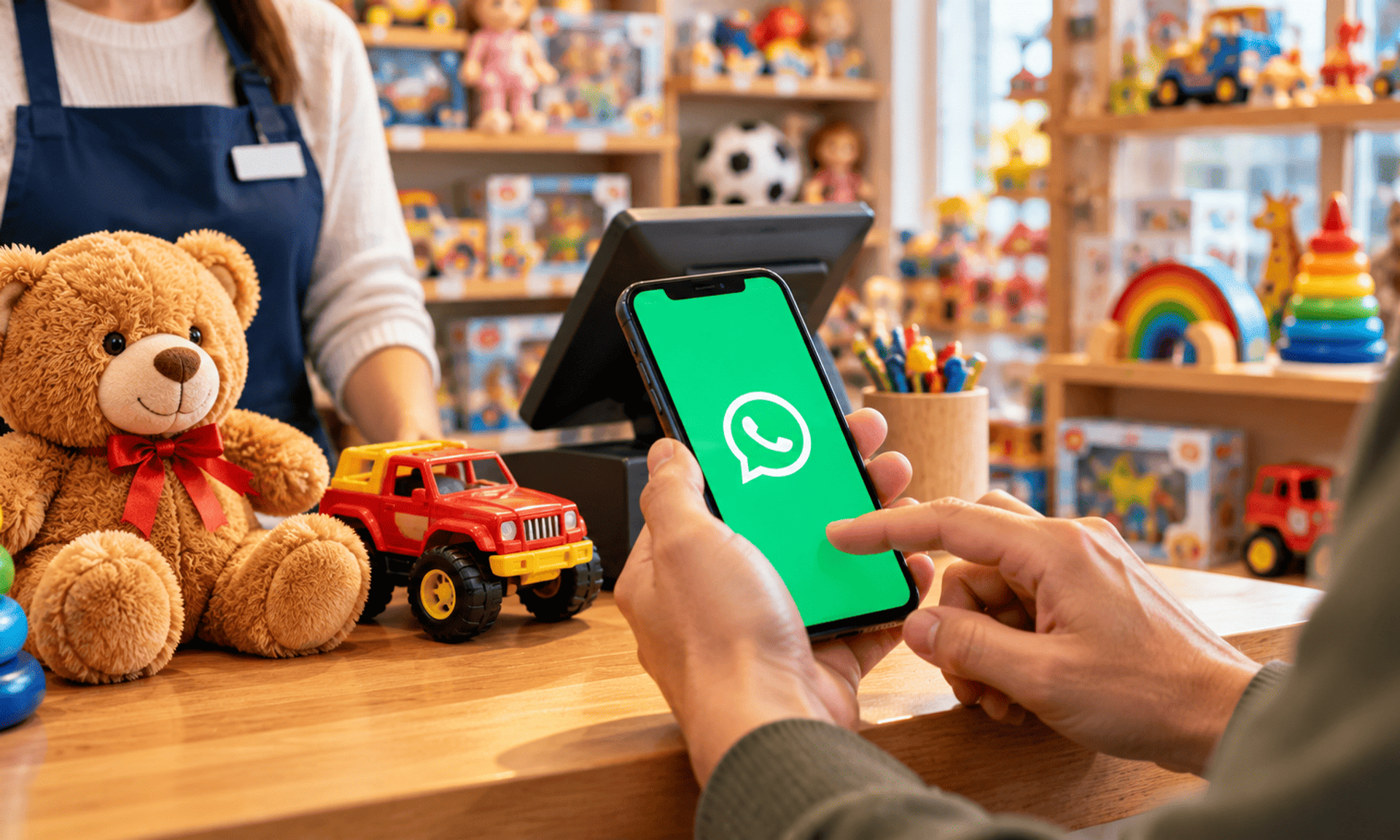 Cliente usa WhatsApp en una juguetería junto a productos infantiles en el mostrador.