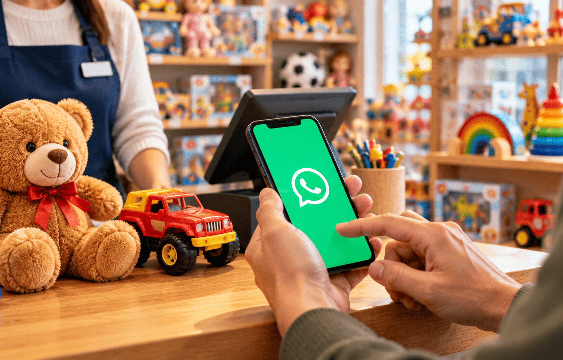 Cliente usa WhatsApp en una juguetería junto a productos infantiles en el mostrador.