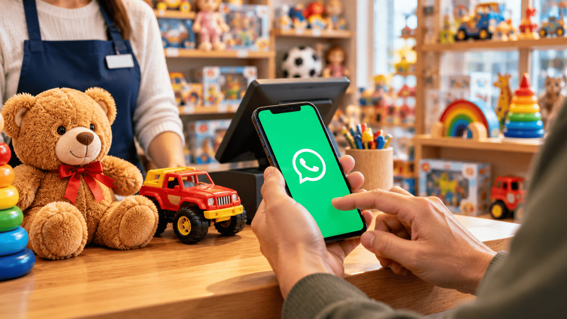 Cliente usa WhatsApp en una juguetería junto a productos infantiles en el mostrador.