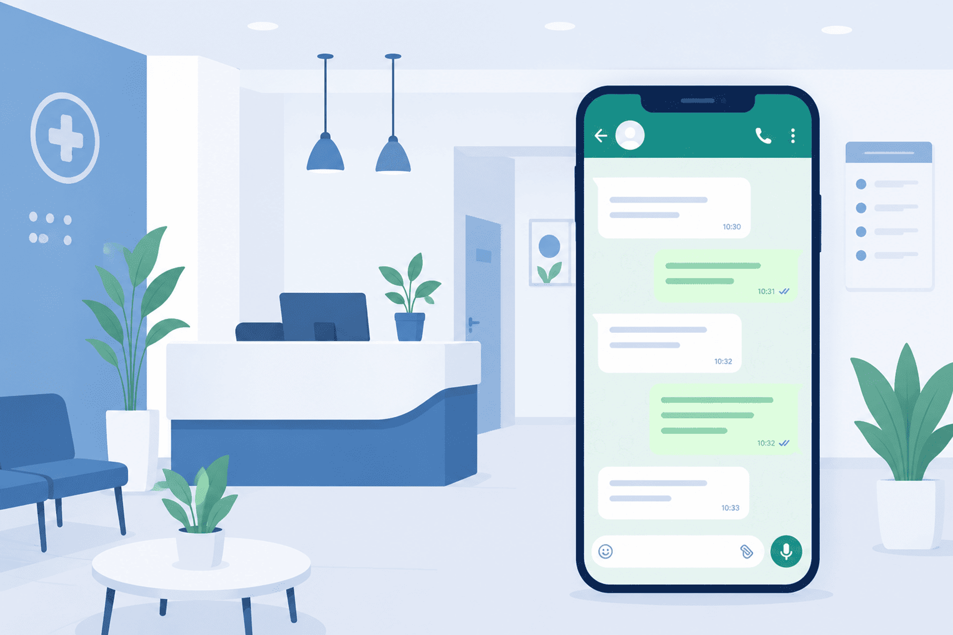 Recepción de clínica con smartphone mostrando conversación automatizada para atención de pacientes.
